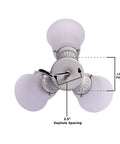 Top view of Three Light LED Cluster Ceiling Fan Light Kit In White Finish With Frosted Ribbed Glass Shades, dimensions marked.