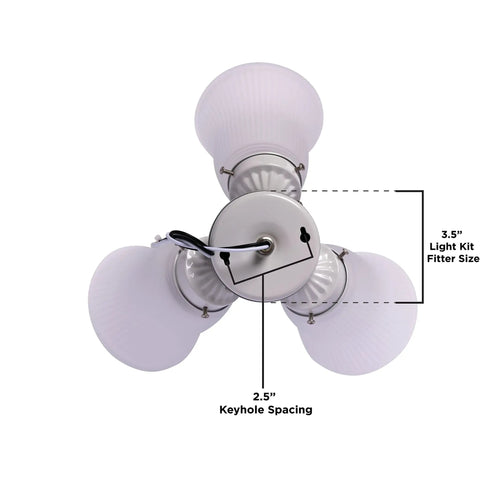 Top view of Three Light LED Cluster Ceiling Fan Light Kit In White Finish With Frosted Ribbed Glass Shades, dimensions marked.