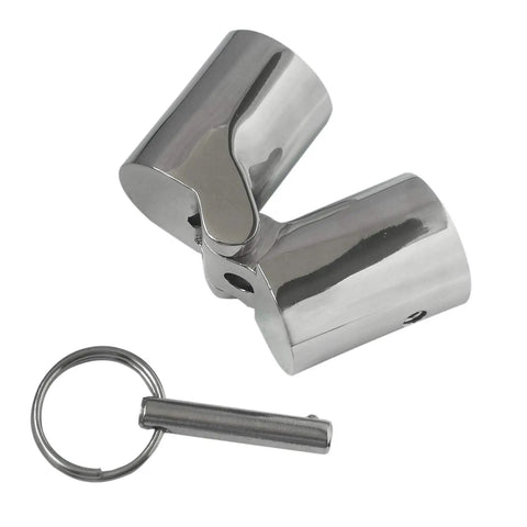 Marine Grade 316 Stainless Steel Handrail Fitting With Folding Swivel Connector For 1 Inch OD Boat Tubing 180 Degree Inline Joint Mirror Finish, Saltwater Ready And Highly Durable. Mirror-finish 316 stainless swivel connector for 1 in OD boat tubing, shown with pin