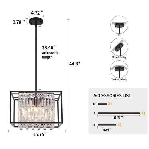 Modern Farmhouse Black Metal 4 Light Chandelier With Crystal Square Pendant Lights Industrial Pendant Light For Dining Room Kitchen Island Living Room Foyer Hallway Entryway 15.75 Inch