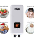 240V 5.5KW 4.5KW 3.5KW On-Demand Tankless Electric Water Heater with Digital LCD, shown with uses for washing vegetables, clothes, dishes, and face