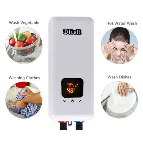 240V 5.5KW 4.5KW 3.5KW On-Demand Tankless Electric Water Heater with Digital LCD, shown with uses for washing vegetables, clothes, dishes, and face