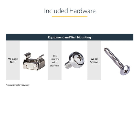 Included hardware for Rock Solid 1U Vertical Wall Mount Patch Panel Rack Bracket, featuring cage nuts, screws, and washers.
