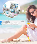 Woman using phone with Smart Door Chime And Window Alarm Sensor app, showing real-time alerts, beach background, Smart Life notification.