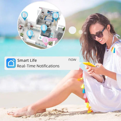 Woman using phone with Smart Door Chime And Window Alarm Sensor app, showing real-time alerts, beach background, Smart Life notification.