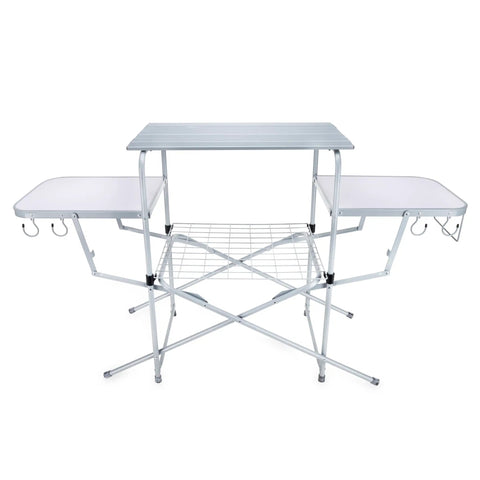Portable Grill Table With Tons Of Prep Space For Camping, Tailgating, Picnics, And Boating. Foldable, lightweight steel frame.