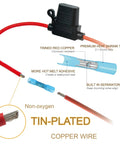 Waterproof Inline Fuse Holder Kit For Cars And Boats With 18AWG Wiring And 3A Mini Fuses IP65 Rated Circuit Protection showing tinned red copper wire and heat shrink tube.