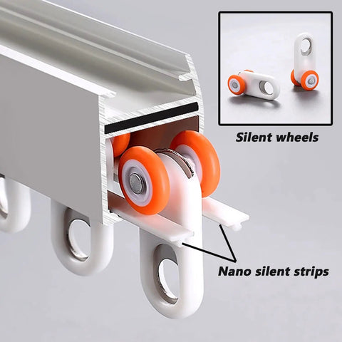 Heavy Duty Wall Mounted Double Sliding Barn Door Hardware Kit With Totally Smooth Silent Rollers and Dead Simple Install Brass Finish showing silent rollers and track details.