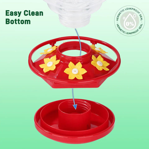 Close-up view of the leak-proof seal and easy clean bottom of the Outdoor Hanging Hummingbird Feeder 18oz Diamond Design With Six Feeding Ports And Perch Built In Ant Moat Durable Garden Decor For Bird Lovers And Gift Ideas For Women.