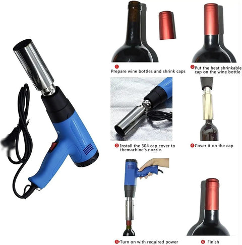 Pro Heat Shrink Gun For Wine Bottle Caps in use, designed for sealing caps safely, adjustable heat from 50 to 550 degrees Celsius.