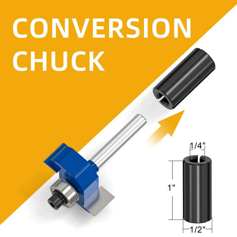 Slick Smooth Heavy Duty Rabbet Router Bit Set 4 Piece Quarter Inch Shank Carbide Tip Conversion chuck with black component.