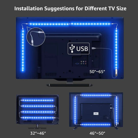 Installation of Led TV Backlight Kit Plug And Play With USB Power 6.56Ft RGB Color Changing Lights on TVs of different sizes