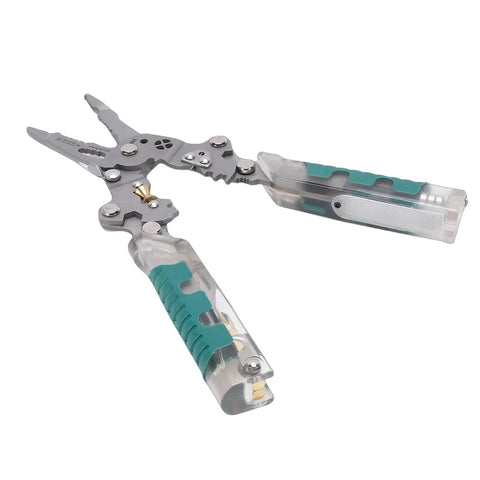 Heavy Duty 12 in 1 Wire Stripping Pliers With Voltage Tester Reminder showing ergonomic grip and foldable design for easy use.