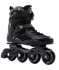 Black unisex inline skate, showcasing durable shell, removable lining, ventilated design for adults and youth, all skill levels.