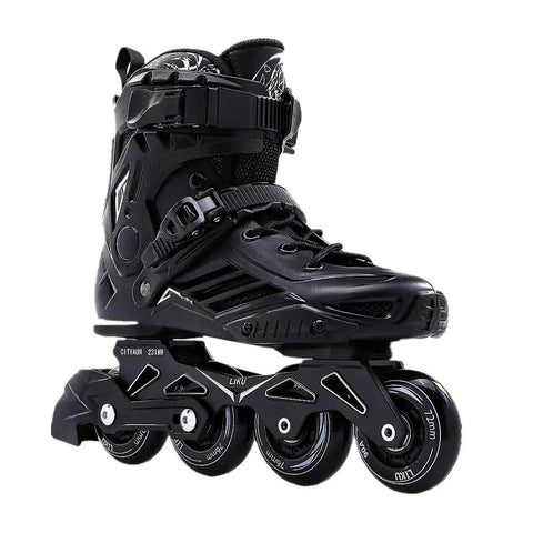 Black unisex inline skate, showcasing durable shell, removable lining, ventilated design for adults and youth, all skill levels.