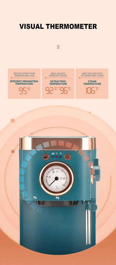 Deluxe Home Espresso Machine With Built-In Milk Frother, semi-auto coffee maker with visual thermometer against peach background