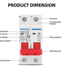 Front view of 2P 1000V 63A Solar DC Mini Circuit Breaker With Thermal Magnetic Trip, DIN Rail Mount DC Disconnect Switch, with labeled features.