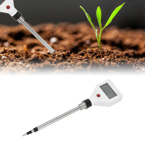 Soil EC Meter 2 In 1 Pro Grade Soil Tester For Conductivity And Temperature With Backlit LCD in garden soil next to plant