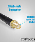 SMA Male To SMA Female Coax Cable 10 Ft RG58 Extension showing SMA female gold-plated connector for SDR equipment.