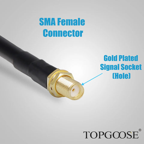 SMA Male To SMA Female Coax Cable 10 Ft RG58 Extension showing SMA female gold-plated connector for SDR equipment.