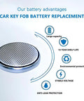 Close-up of a CR2032 battery with text highlighting the features of Volkswagen Key Fob Battery Replacement Kit CR2032 Battery 2 Pack.