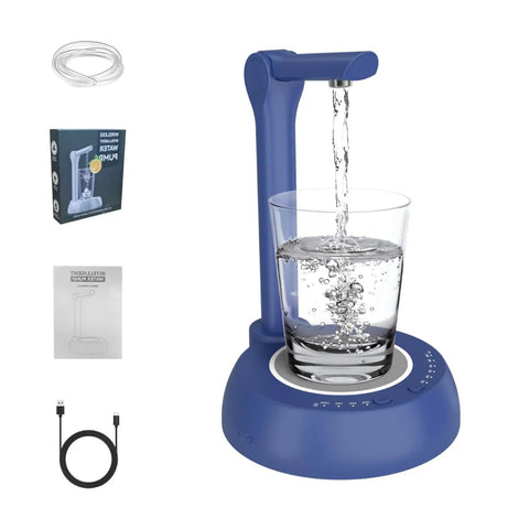 Electric Water Dispenser For 1 To 5 Gallon Bottles With Adjustable Stand, Desktop Hydration Station shown with charging cable and manual