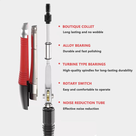 No Nonsense Pneumatic Reciprocating Sander Pen Delivering Sick 35000 Rpm Performance parts showing collet, bearings, and features for efficient polishing.