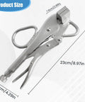 Badass 10 Inch Locking Sheet Metal Pliers Built For Welding Jig Work And Heavy Fabrication Rock Solid Carbon Steel Construction shown with size measurements.