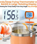 Digital Deep Fry Thermometer With Rotatable Display, 10 Inch Probe, Orange, clipped to pot over boiling liquid