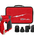 Slick 4In1 Compact Installation Drill Driver Rig With Boss Level Torque And Versatile Attachment Kits For Any Trade Hustle Or Weekender Diy Project Bare Tool with red carrying case and interchangeable heads.