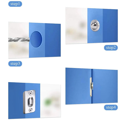 Installation steps for Drive In Ball Catch Kit For Interior Doors, Adjustable Tension, showing concealed tension control parts.