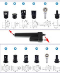 Bulletproof 24V Linear Actuator Motor delivering 2000N thrust across an 850mm stroke, with installation parts and dimensions.