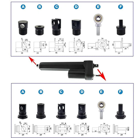 Bulletproof 24V Linear Actuator Motor delivering 2000N thrust across an 850mm stroke, with installation parts and dimensions.