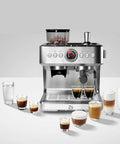 Top Shelf 20 Bar Semi Automatic Espresso Machine With Precision Burr Grinder And Adjustable Grind Size For Knockout Crema And Straight Fire Lattes Featuring Pid Temp Control 2.8 Liter Tank And Steam Wand with various coffee drinks in front.