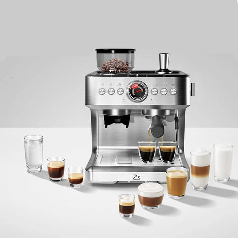 Top Shelf 20 Bar Semi Automatic Espresso Machine With Precision Burr Grinder And Adjustable Grind Size For Knockout Crema And Straight Fire Lattes Featuring Pid Temp Control 2.8 Liter Tank And Steam Wand with various coffee drinks in front.