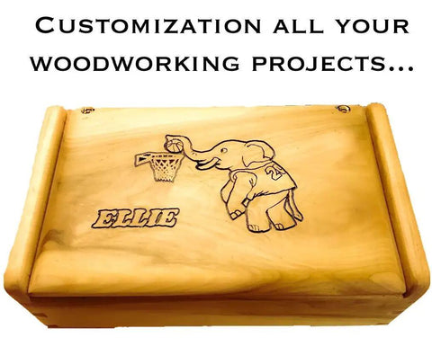 Wooden box engraved with an elephant playing basketball and the name Ellie, showcasing customization in woodworking projects.