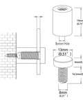 Technical diagram of Pro Grade Sign Standoff Kit One Half Inch By Three Quarters Inch Solid Aluminum Mounting Hardware dimensions.
