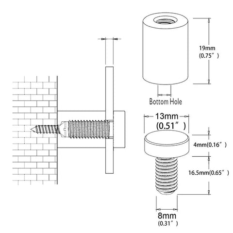 Technical diagram of Pro Grade Sign Standoff Kit One Half Inch By Three Quarters Inch Solid Aluminum Mounting Hardware dimensions.