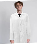 White Lab Coat For Professionals Unisex Long Sleeve Medical Coat With Easy Care Fabric shown on person