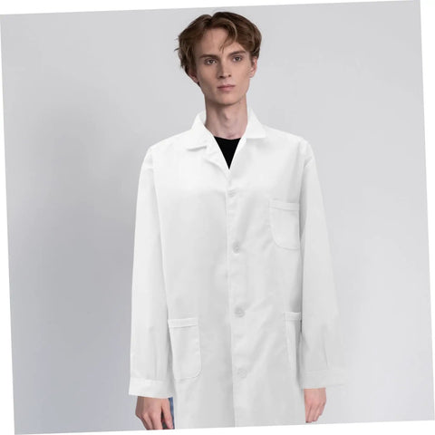 White Lab Coat For Professionals Unisex Long Sleeve Medical Coat With Easy Care Fabric shown on person