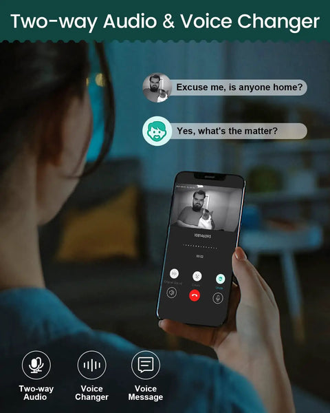 Person using Wireless Video Doorbell Cam With Chime, 1080P HD Night Vision, Two-Way Talk, Voice Changer feature on smartphone.