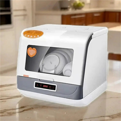 Compact Countertop Dishwasher Featuring Hot Water Sanitizing And Rapid Dry Cycle A Real Game Changer For Tight Kitchens Making Cleanup A Breeze For Busy Folks Who Want That Smooth Experience, in white with dishes inside.