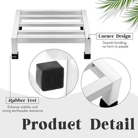 Set Of Two Heavy Duty Stainless Steel Dunnage Racks With 13.8 Inch Long By 13.8 Inch Wide, 3.9 Inch High, 1000 Plus Pound Capacity, Commercial Grade Floor Racks For Restaurants, Kitchens, Garages And Vehicles, featuring rubber feet and smooth corners.