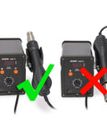 Pro Grade Hot Air Rework Station Kit with correct nozzle connected and incorrect marked with red X.