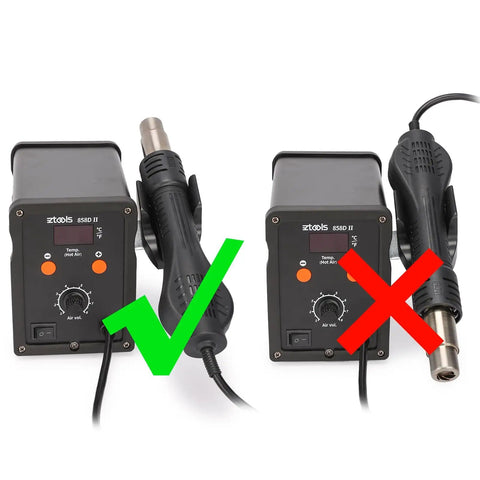 Pro Grade Hot Air Rework Station Kit with correct nozzle connected and incorrect marked with red X.