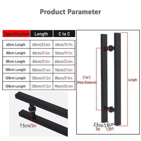 Gold Square Sliding Barn Door Handle For Front And Glass Doors Dope Push Pull Door Pulls For Hotels And Offices Heavy Duty Door Hardware 12mm Thick Panels Easy Install Available In 80cm 120cm And 90cm Lengths, shown in various sizes with specifications in English and Chinese.