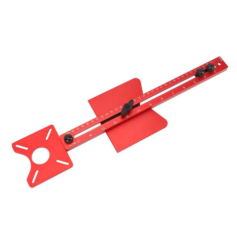 Rock Solid Heavy Duty 4 In 1 Aluminum Router Jig Kit With Quick Assembly Backer Bracket For Circle Cutting Groove Milling Edge Trimming Modular Woodworking Tool, red aluminum design with precision markings.