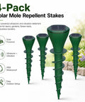 4-pack Solar Powered Mole Repellent Stakes With Ultrasonic Pulses And Ground Vibration on a lawn, IP65 waterproof outdoor pest repeller for moles, gophers, voles