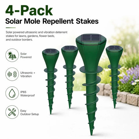 4-pack Solar Powered Mole Repellent Stakes With Ultrasonic Pulses And Ground Vibration on a lawn, IP65 waterproof outdoor pest repeller for moles, gophers, voles