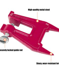 Red metal chainsaw stump vise clamp with securely locked guide rod and sharp, wear-resistant forks